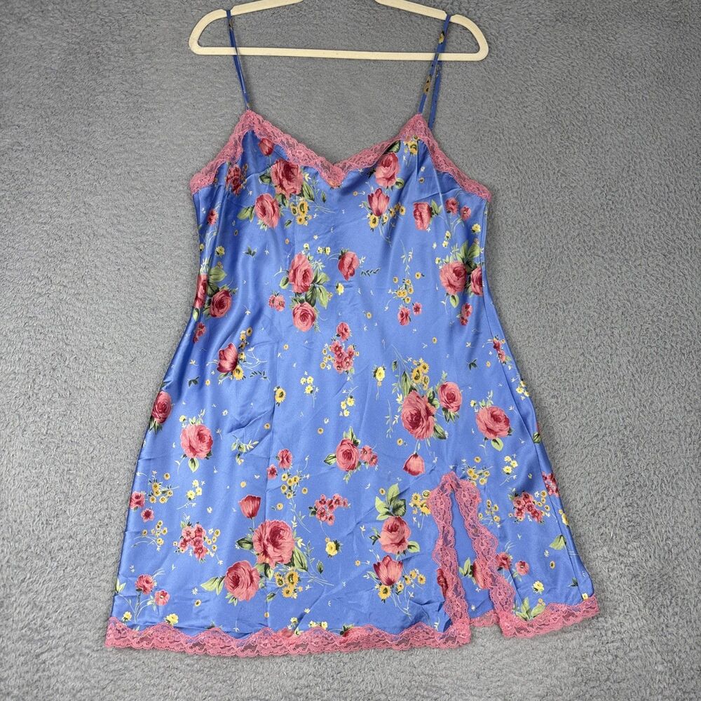VTG Victoria Secret Blue Floral Satin Pink Lace Trim Slip Chemise Large Y2K